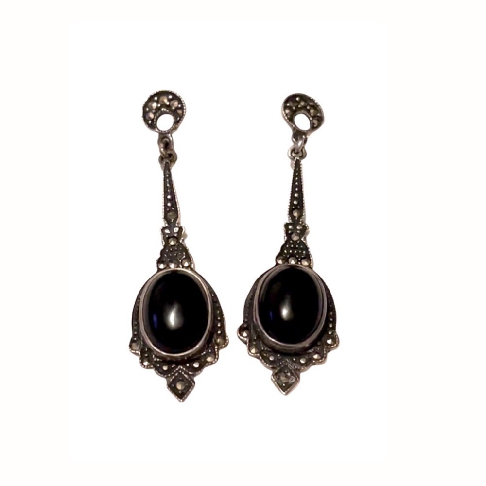 Vintage Earrings Sterling Silver And Black Onyx
